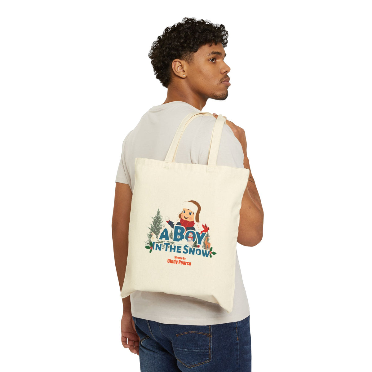 Tote Bag — "A Boy in the Snow" Holiday Canvas Tote (Christmas Kids Winter Design)