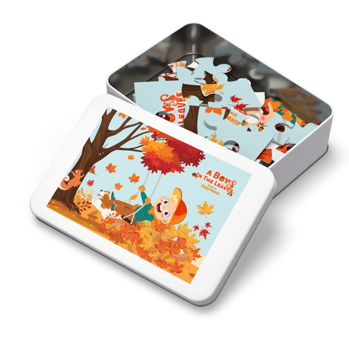 Autumn Boy in the Leaves 100-Piece Jigsaw Puzzle with Tin – Kids Fall Activity