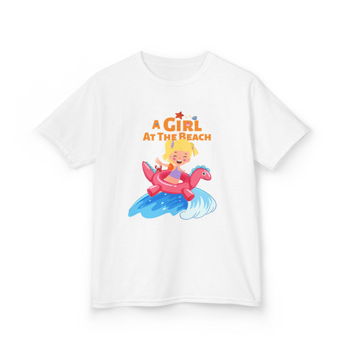 Kids T-Shirt — "A Girl at the Beach" Cute Flamingo Float Surf Graphic