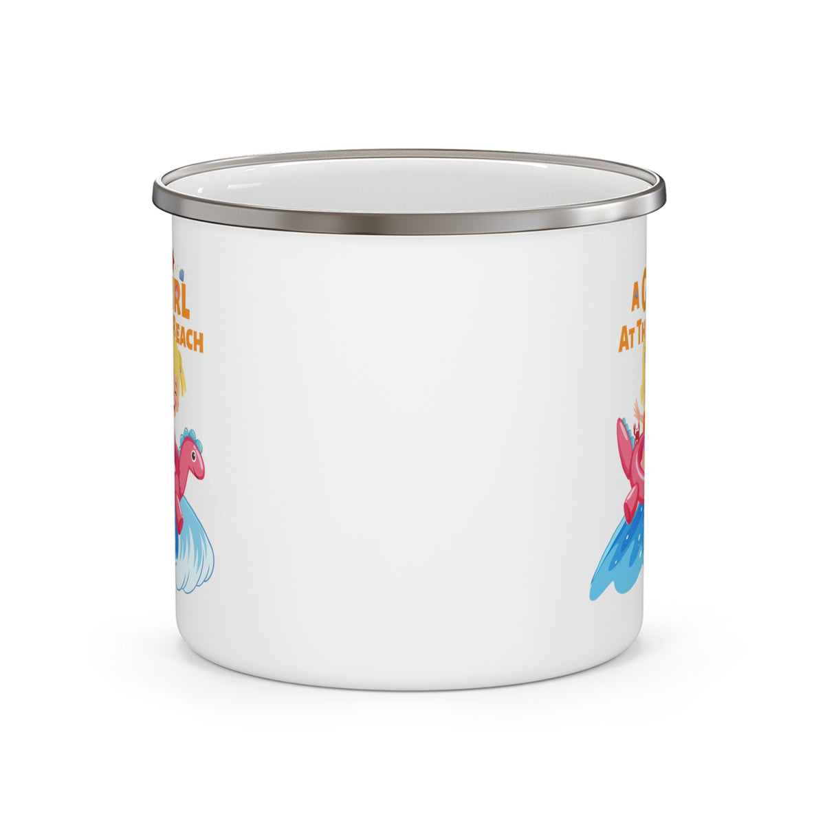 Enamel Camping Mug — 'A Girl at the Beach' Cute Flamingo Floatie Camping Cup