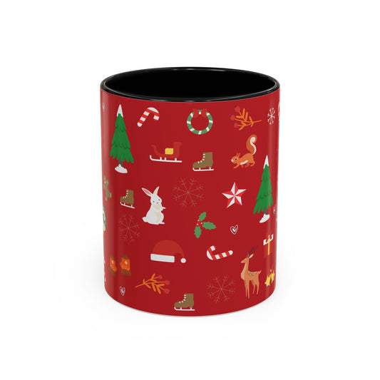 Christmas Pattern Accent Coffee Mug — Red Holiday Icons (11/15oz)