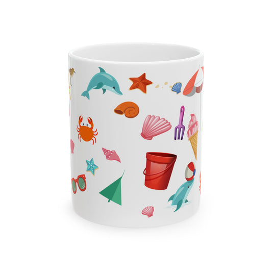 Beach Icons Ceramic Mug — Summer Seashells, Dolphins & Sandcastle Design (11oz/15oz)