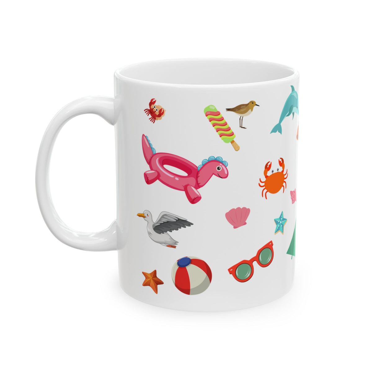 Beach Icons Ceramic Mug — Summer Seashells, Dolphins & Sandcastle Design (11oz/15oz)
