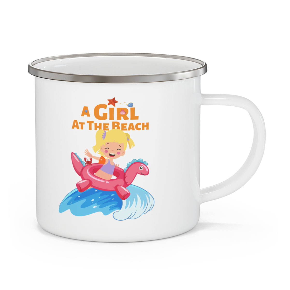 Enamel Camping Mug — 'A Girl at the Beach' Cute Flamingo Floatie Camping Cup