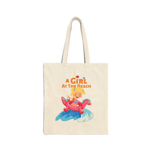 Beachy 'A Girl at the Beach' Cotton Canvas Tote Bag — Cute Summer Pool Float Graphic