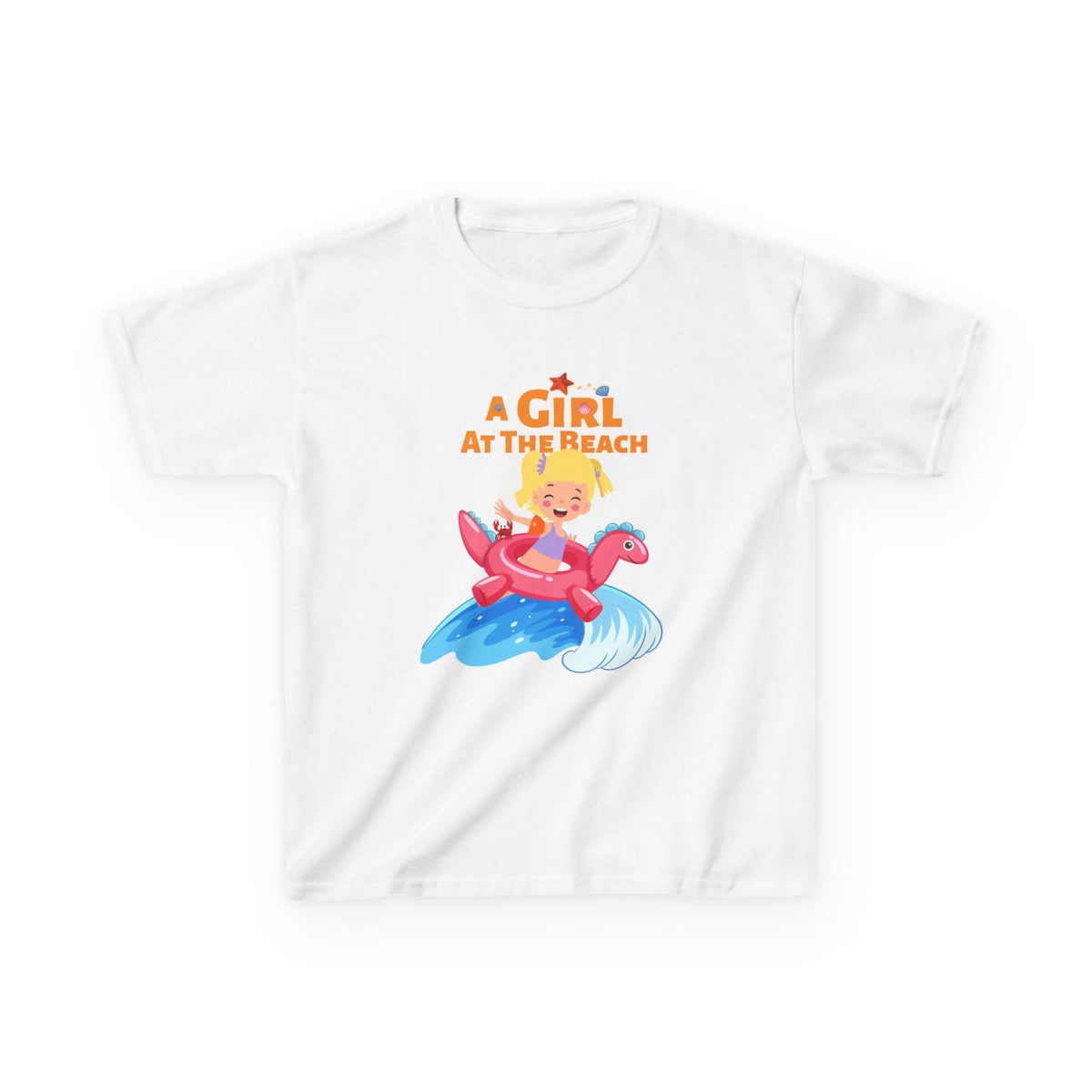 Kids T-Shirt — "A Girl at the Beach" Cute Flamingo Float Surf Graphic