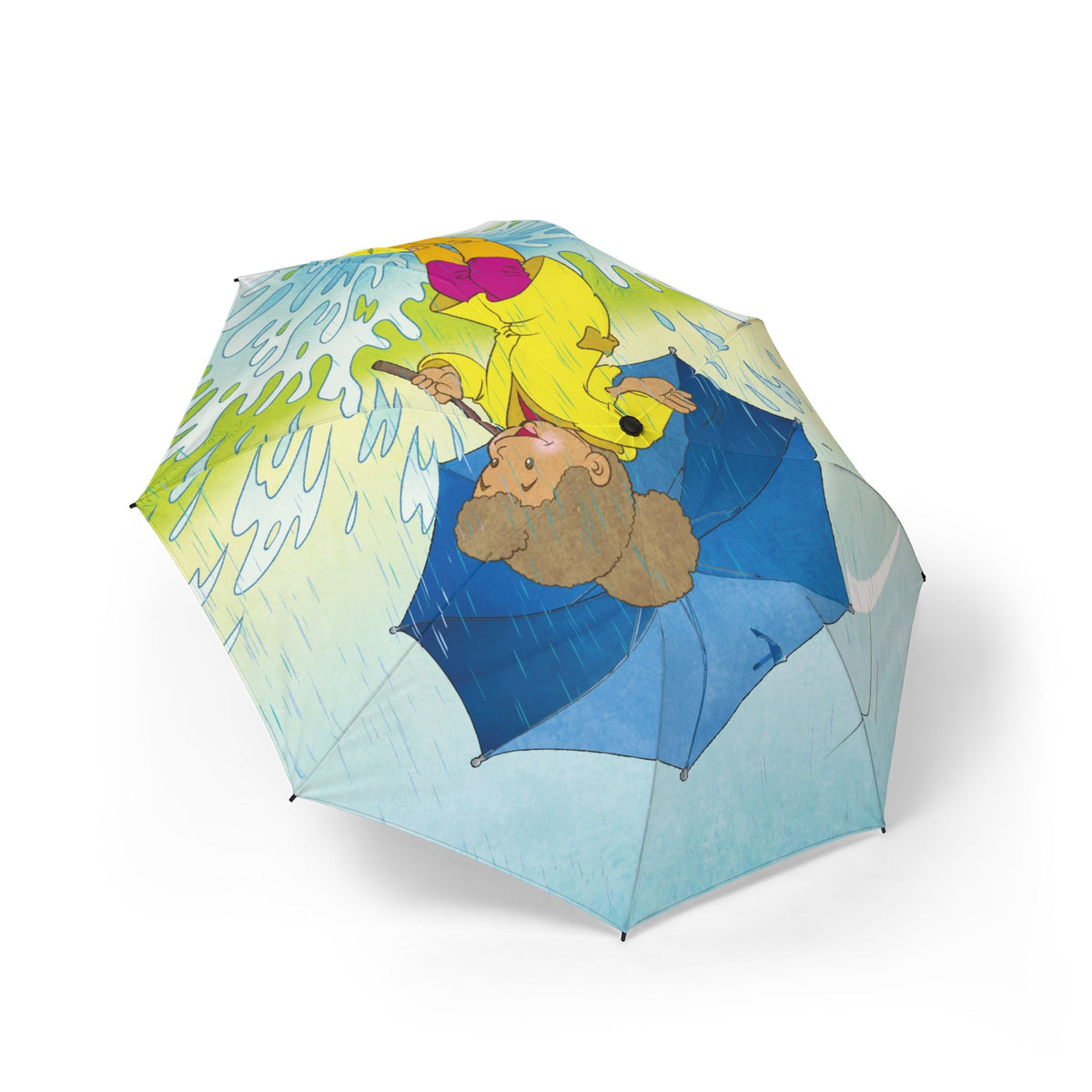 Foldable Umbrella – Retro Rainy Day Girl Illustration, Semi-Automatic Travel Umbrella