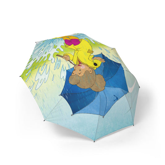Foldable Umbrella – Retro Rainy Day Girl Illustration, Semi-Automatic Travel Umbrella