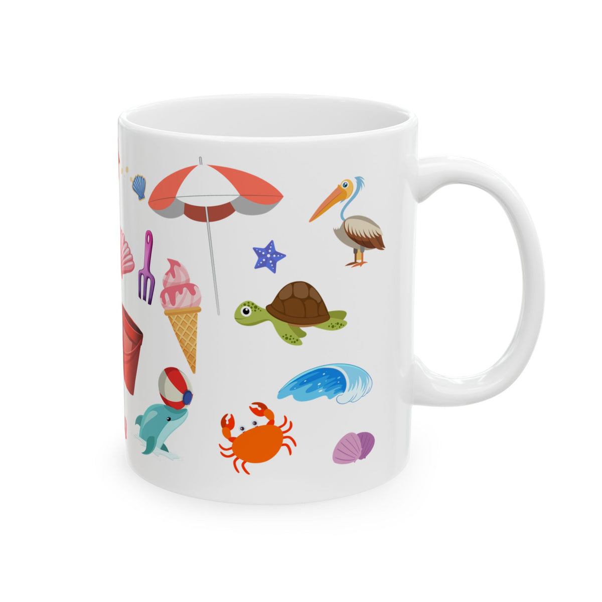 Beach Icons Ceramic Mug — Summer Seashells, Dolphins & Sandcastle Design (11oz/15oz)