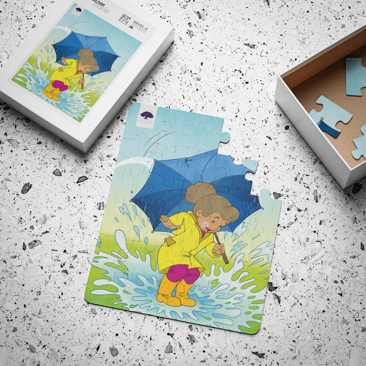 Kids 30-Piece Puzzle – Rainy Day Umbrella Splash Scene