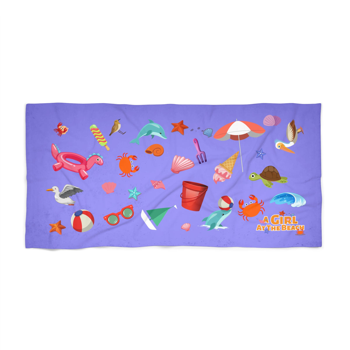 Beach Towel — 'A Girl at the Beach' Playful Summer Seashells & Sea Creatures Design