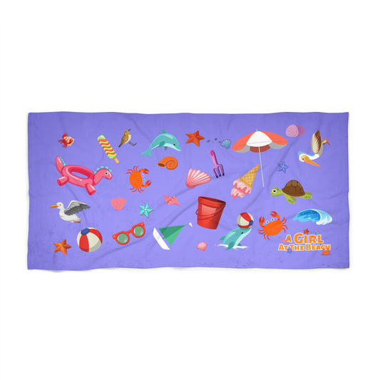 Beach Towel — 'A Girl at the Beach' Playful Summer Seashells & Sea Creatures Design