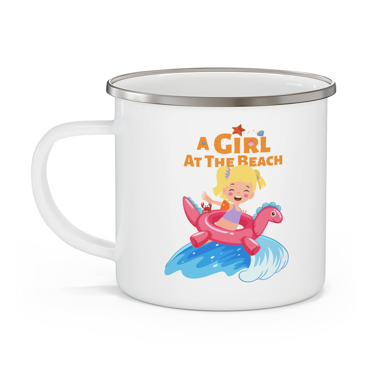 Enamel Camping Mug — 'A Girl at the Beach' Cute Flamingo Floatie Camping Cup