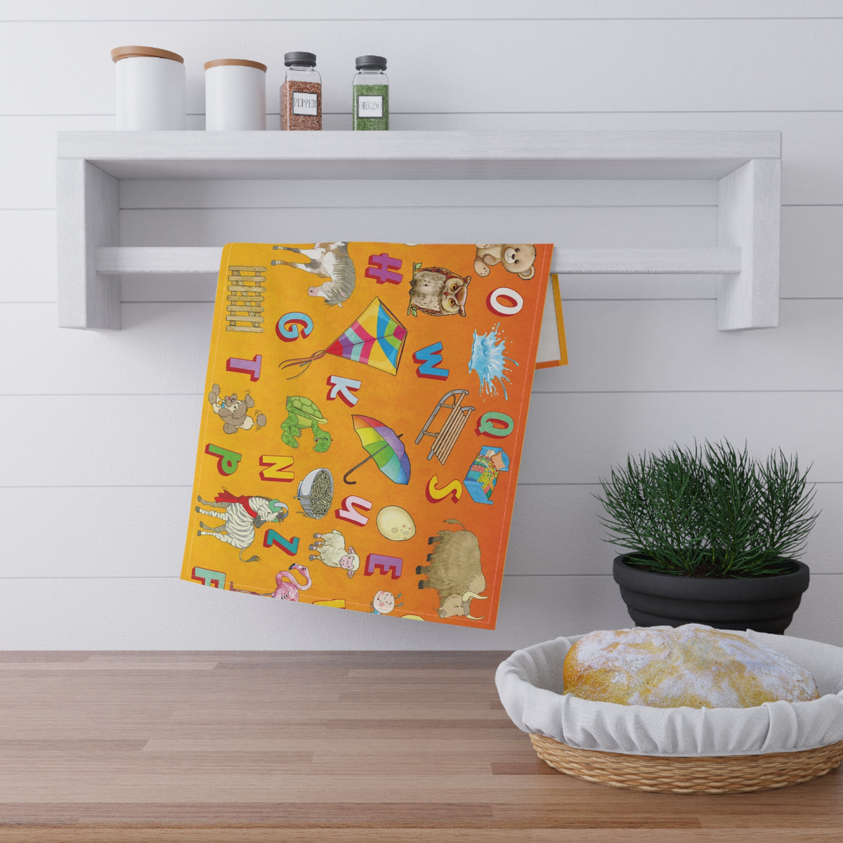 Alphabet Animal Kids Tea Towel — Colorful ABC Flashcard Kitchen Towel