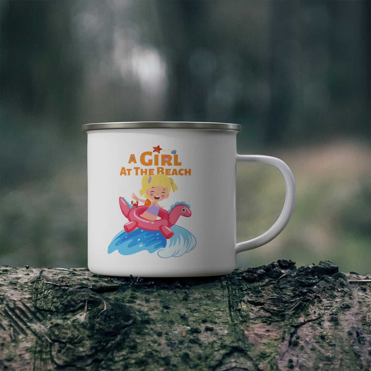 Enamel Camping Mug — 'A Girl at the Beach' Cute Flamingo Floatie Camping Cup