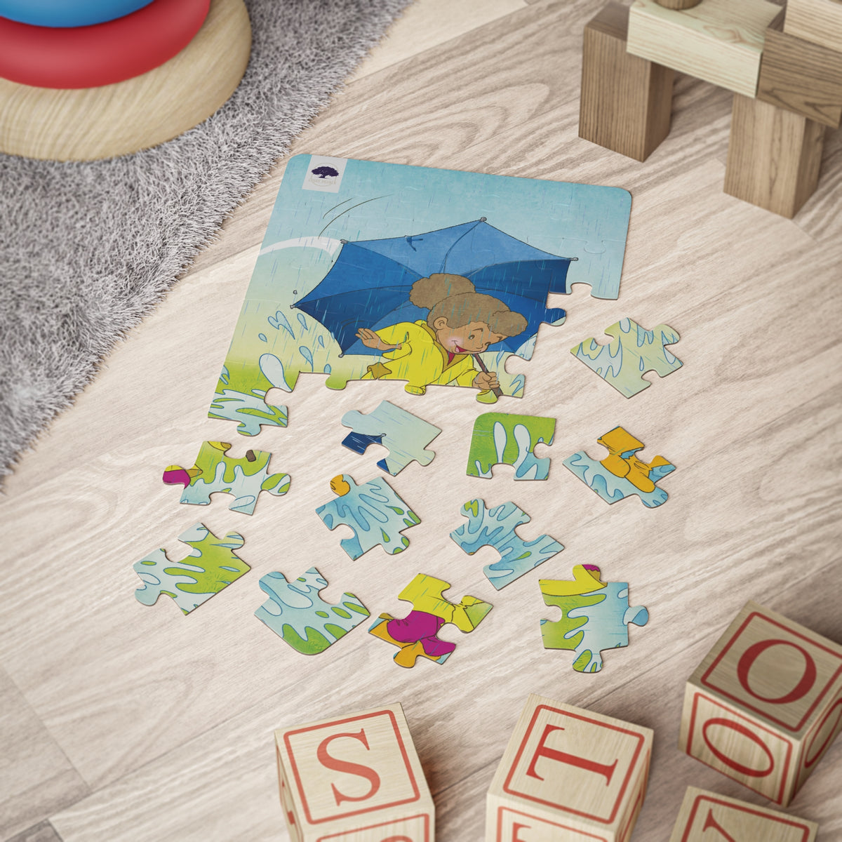 Kids 30-Piece Puzzle – Rainy Day Umbrella Splash Scene