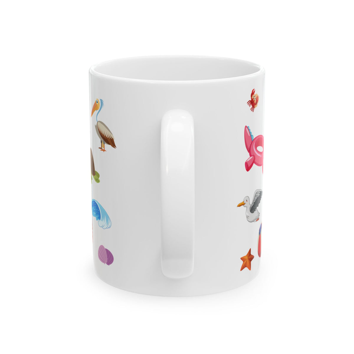Beach Icons Ceramic Mug — Summer Seashells, Dolphins & Sandcastle Design (11oz/15oz)