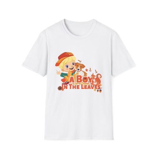 A Boy in the Leaves Kids T-Shirt – Autumn Fall Pumpkin Patch Shirt
