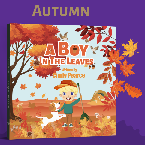 Book cover of 'A Boy in the Leaves' with autumn theme and child illustration.