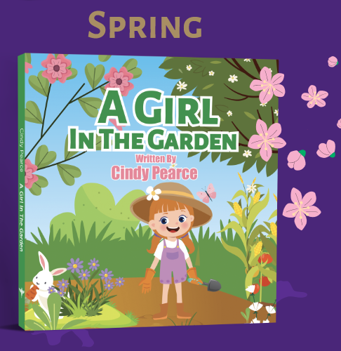 Book cover of 'A Girl in the Garden' with a girl in a garden setting and flowers on a purple background.